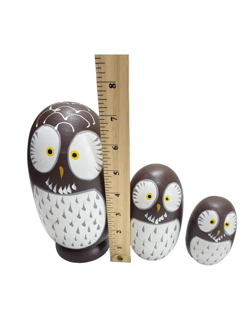 Wooden Owl Nesting Dolls - 10 Piece Set - Brown and White - Hand-Painted